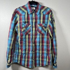 s.Oliver Multicolor Men M Long‎ Sleeve Cotton Slim Fit Shirt Plaid Snap Button